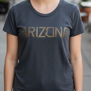 American Apparel Arizona Graphic V Neck T Shirt Women's Size Medium Gray Gold